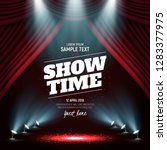 Showtime banner with curtain illuminated by spotlights. Vector illustration.