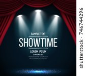 Showtime banner with curtain illuminated by spotlights. Vector illustration.