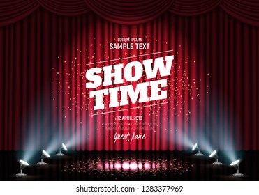 Showtime banner with curtain illuminated by spotlights. Vector illustration.
