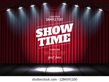 Showtime banner with curtain illuminated by spotlights. Scene for presentation. Vector illustration.