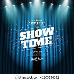 Showtime banner with curtain illuminated by spotlights. Vector illustration.