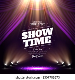 Showtime banner with curtain illuminated by spotlights. Vector illustration.