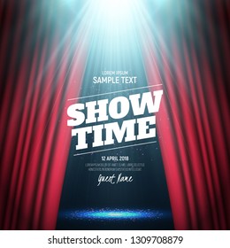 Showtime banner with curtain illuminated by spotlights. Vector illustration.