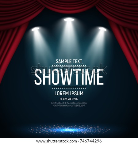 Showtime banner with curtain illuminated by spotlights. Vector illustration.