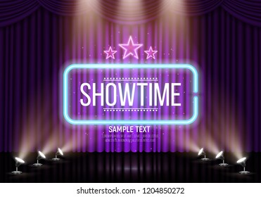 Showtime banner with curtain and neon frame illuminated by spotlights. Vector illustration.