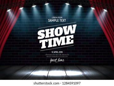 Showtime banner with curtain on brick wall background illuminated by spotlights. Vector illustration.