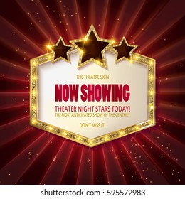 Showtime Retro Signs. Retro billboard with neon lights illustration. On a dark background. Glowing frame with three stars. 