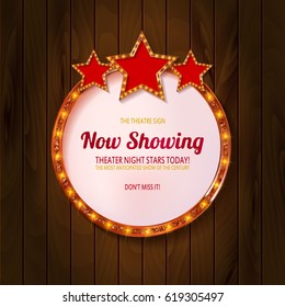 Showtime Retro Signs. Retro billboard with neon lights illustration. On wooden background