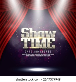 Showtime sign with red curtain illuminated by spotlights. Vector illustration.