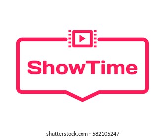 Showtime template dialog bubble in flat style on white background. Basis with film icon for various word of plot. Stamp for quotes to cards, banners, labels, notes, blog article. Vector