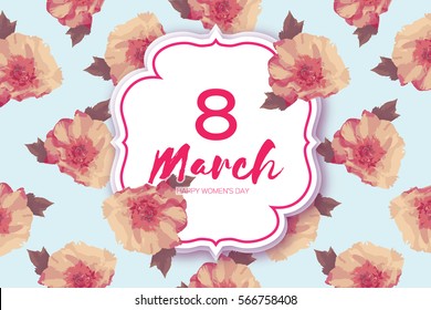 Showy Bouquet Peony Flowers. Beautiful Floral Greeting card with square frame and space for text. 8 March. International Happy Women's Day. Paper cut eight. Trendy Design Template. Vector illustration