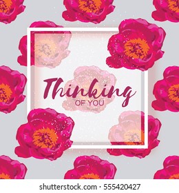 Showy Bouquet of Pink Peony Flowers. Garden botanical natural peonies vector Illustration. Beautiful Floral Greeting card for women with square frame and space for text