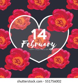 Showy Bouquet of Red Peony Flowers. Garden botanical natural peonies vector Illustration. Beautiful Floral Greeting card with heart frame and space for text. 14 february - happy valentines day