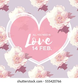 Showy Bouquet of white Peony Flowers. Garden botanical natural peonies vector Illustration. Beautiful Floral Greeting card with heart frame and space for text. 14 february - happy valentines day