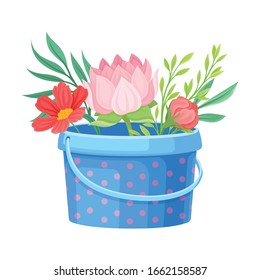 Showy Flowers Standing in Garden Bucket Vector Illustration