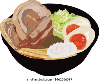 Shoyu ramen noodle with pork and egg on white background- vector eps 10