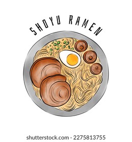 Shoyu Ramen mit Nudeln, mit weichgekochtem Ei, Pilzen und Schweinebauch überzogen. Vektorgrafik der beliebten japanischen Suppe, Draufsicht. Handgezeichnete Skizze für Menü, Werbung oder Rezept. 