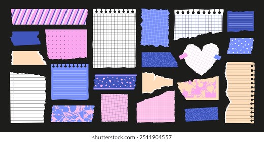 Destruir o conjunto de papel. Folhas de bloco de anotações de scrapbook rasgadas. Elementos de design em branco, fitas adesivas padronizadas e adesivos. Em uma gaiola e em notas de régua. Ilustração vetorial. Artesanato desigual em escolas e escritórios