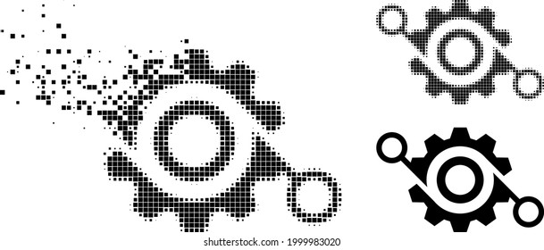 Shredded dot gear project pictogram with halftone version. Vector destruction effect for gear project symbol. Pixel dissolving effect for gear project shows speed of cyberspace items.