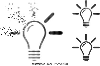 Shredded dot light bulb pictogram with halftone version. Vector destruction effect for light bulb pictogram. Pixel disintegration effect for light bulb gives speed of virtual items.