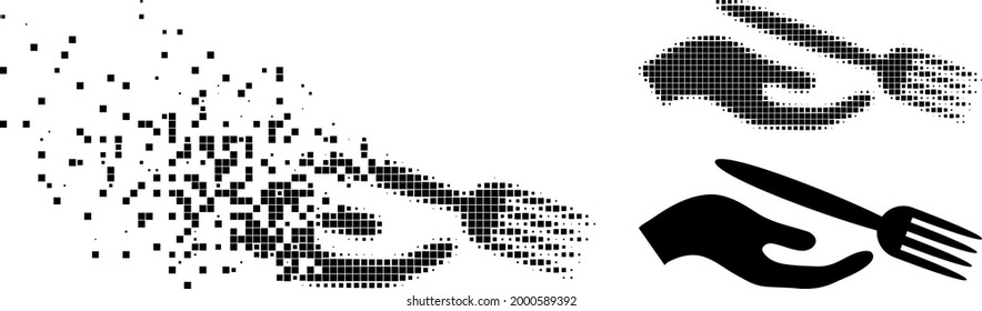 Shredded dotted dining etiquette pictogram with halftone version. Vector wind effect for dining etiquette pictogram.