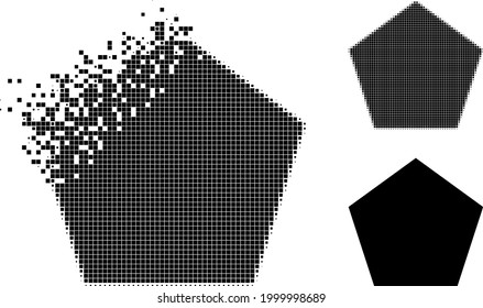 Shredded dotted pentagon icon with halftone version. Vector destruction effect for pentagon symbol. Pixel mist effect for pentagon reproduces motion of virtual items.