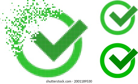 Shredded Dotted Validation Pictogram With Halftone Version. Vector Wind Effect For Validation Icon. Pixel Dissolution Effect For Validation Gives Movement Of Cyberspace Items.