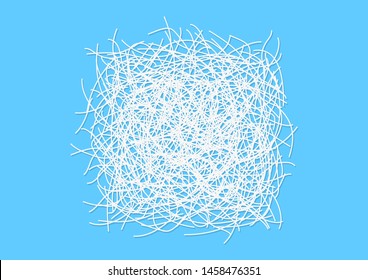 shredded paper white isolated on blue background, scrap shredded paper for gift pack, shredded paper garbage top view, doodle shredded paper for recycle waste and packaging