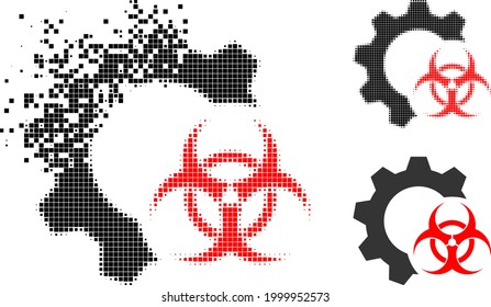 Shredded pixelated biohazard industry pictogram with halftone version. Vector wind effect for biohazard industry icon.