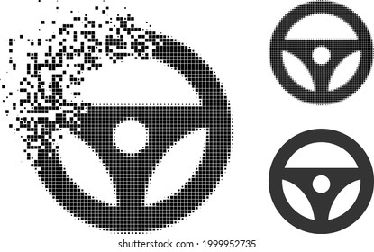 Shredded pixelated car steering wheel pictogram with halftone version. Vector wind effect for car steering wheel pictogram.