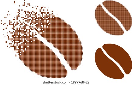 Shredded pixelated coffee bean icon with halftone version. Vector wind effect for coffee bean icon. Pixelated erosion effect for coffee bean demonstrates motion of virtual things.