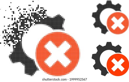 Shredded pixelated delete settings gear glyph with halftone version. Vector destruction effect for delete settings gear pictogram.