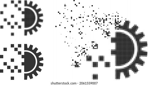 Shredded pixelated digital gearwheel generation icon with halftone version. Vector wind effect for digital gearwheel generation pictogram.