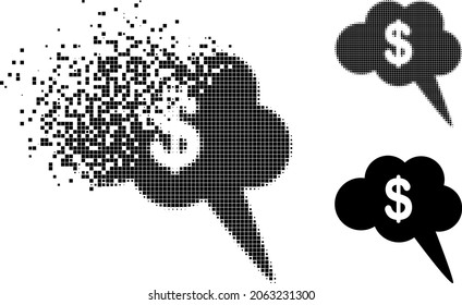 Shredded pixelated dollar cloud bubble pictogram with halftone version. Vector wind effect for dollar cloud bubble pictogram.
