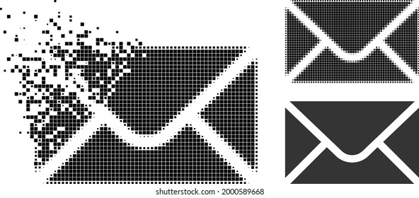 Shredded pixelated envelope icon with halftone version. Vector destruction effect for envelope icon. Pixelated disintegration effect for envelope demonstrates speed of virtual world.