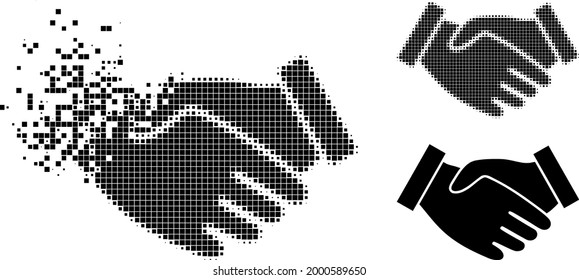 Shredded pixelated hand take pictogram with halftone version. Vector destruction effect for hand take pictogram. Pixelated explosion effect for hand take gives movement of cyberspace matter.
