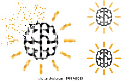 Shredded pixelated mind light glyph with halftone version. Vector destruction effect for mind light icon. Pixelated erosion effect for mind light gives motion of virtual things.