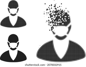 Shredded pixelated patient mask icon with halftone version. Vector destruction effect for patient mask pictogram.