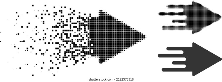 Shredded pixelated quick arrow glyph with halftone version. Vector destruction effect for quick arrow symbol. Pixelated destruction process for quick arrow shows motion of cyberspace concepts.