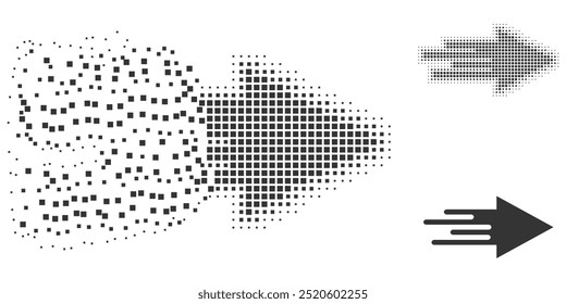 Shredded pixelated quick arrow glyph with halftone version. Vector destruction effect for quick arrow symbol. Pixelated destruction process for quick arrow shows motion of cyberspace concepts.