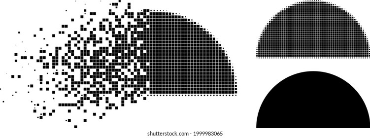 Shredded pixelated semisphere glyph with halftone version. Vector destruction effect for semisphere symbol. Pixelated dematerialization effect for semisphere reproduces speed of virtual world.