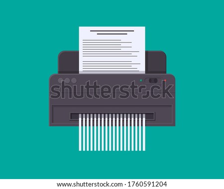 Shredder cutting paper. Modern device for safe destruction confidential documents shredding and processing of classified information concept financial vector data protection.