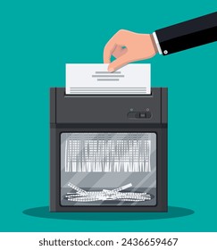 Shredder machine and hand with document paper. Office device for destruction of documents. Vector illustration in flat style