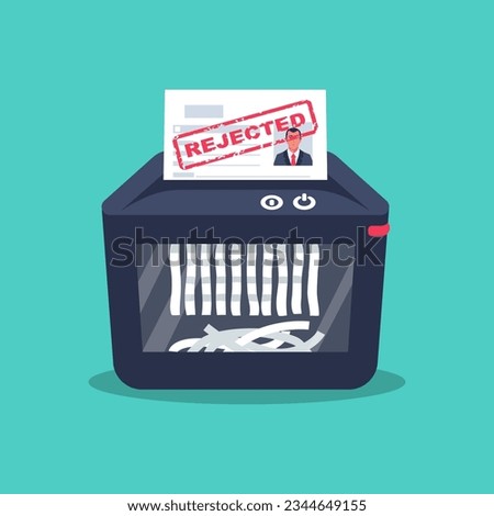 Shredder resume. Reject resume. The job application is rejected. Vector flat design. Isolated on white background. Bad news about work.