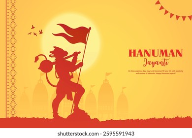 Shree Hanuman Jayanti Calligraphy, Greetings and wishes for Happy Hanuman Jayanti festival of India with lord Hanuman holding bhagwa flag. Vector Illustration