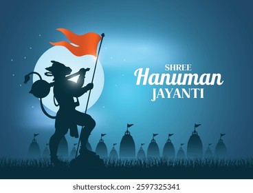 Shree Hanuman Jayanti Calligraphy, Greetings and wishes for Happy Hanuman Jayanti festival of India with lord Hanuman holding bhagwa flag. Vector Illustration