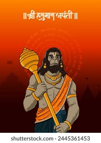 "Shree Hanuman Jayanti" Kalligraphie in Marathi und Hindi bedeutet "Happy Hanuman Jayanti" Festival von Indien mit Lord Hanuman Vektorillustration Banner Design Vorlage