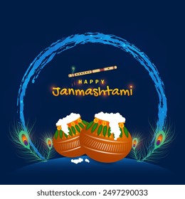 Shree Krishna Janmashtami Greeting Card with Decorate Makhan Matki and Bansuri Vector Design.