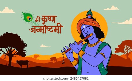 Shree Krishna Janmashtami vector with Hand Lettering Text ”Happy Krishna Janmashtami” In Hindi with a traditional background for social media editable banner design template
