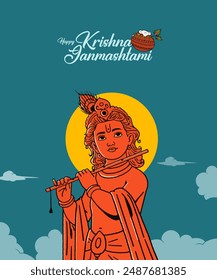 Shree Krishna Vector illustration, Sketch, Drawing with 'Happy Krishna Janmashtami' text and nature Silhouette background